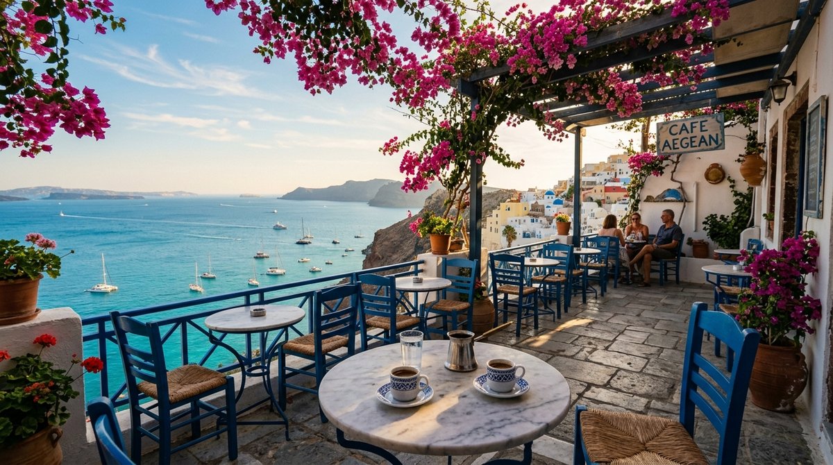 Idyllic Greek cafe terrace overlooking the Aegean Sea with traditional coffee cups and bougainvillea