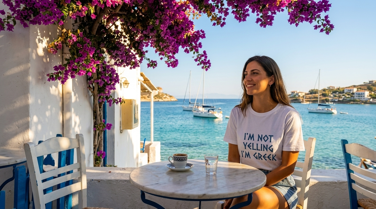 Woman wearing I'm Not Yelling I'm Greek t-shirt at idyllic Greek cafe terrace overlooking the Aegean Sea version A